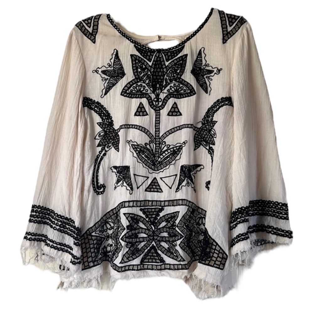 Free People Cream and Black Boho Blouse